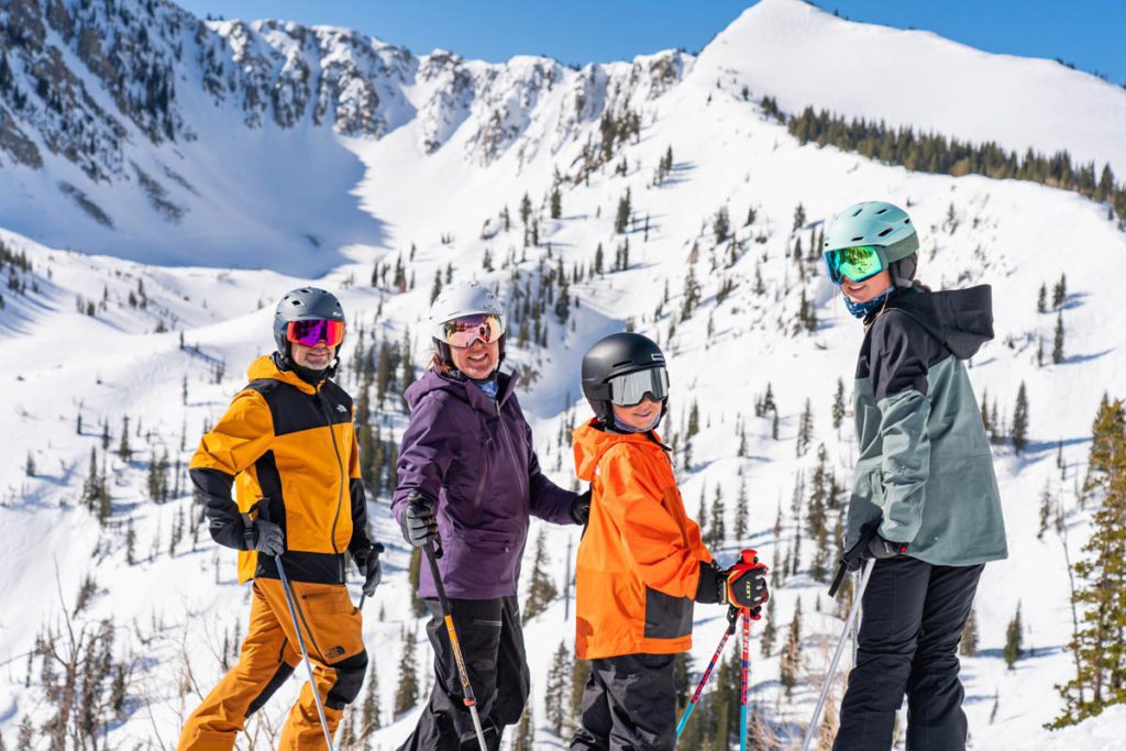 A family skiing at Solitude Ski Resort in Utah.