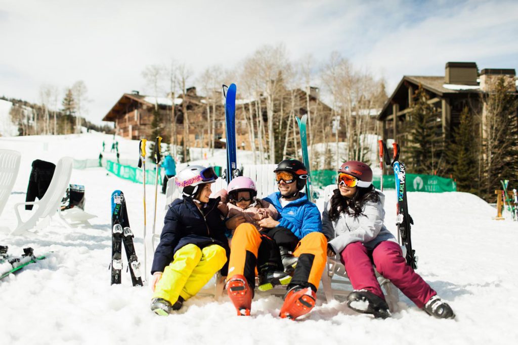 A group of skiers at the Stein Eriksen Lodge in Utah