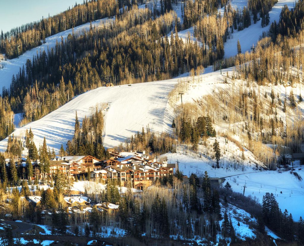 An aerial view of the Stein Eriksen Lodge, one of the best hotels in Deer Valley for families.