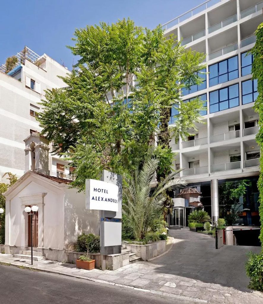 An exterior view of Airotel Alexandros in Athens, Greece. 
