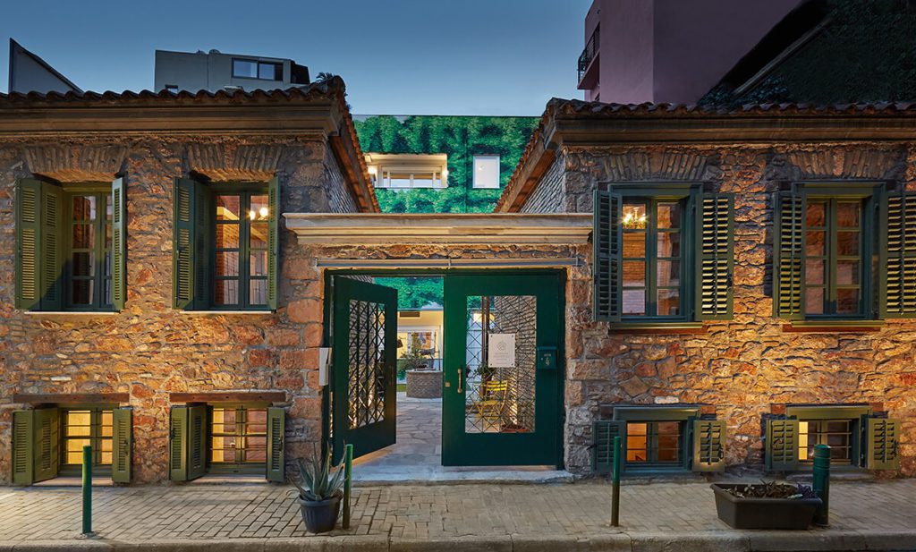 The entrance to Athenian Residences, one of the best hotels in Athens for families. 