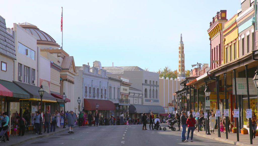 A view of shops in downtown Grass Valley, one of the best weekend getaways from San Francisco for families.