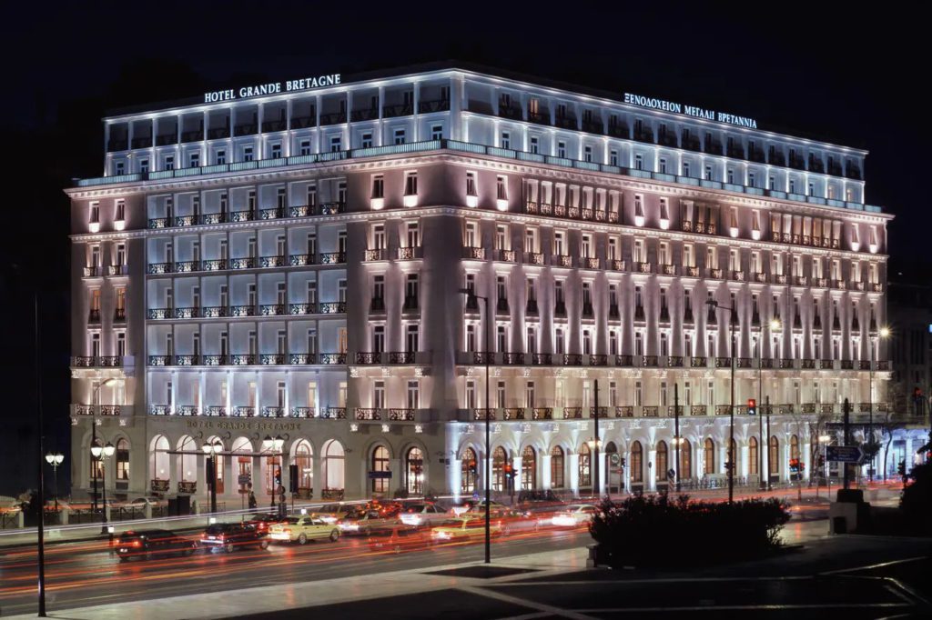 An exterior view of the Hotel Grand Bretagne, one of the best hotels in Athens for families. 
