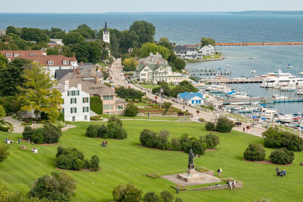 An aerial view of a green area in Mackinac Island, one of the best romantic getaway in the United States.