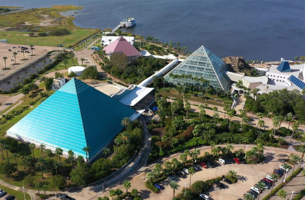 An aerial view of Moody Gardens in Galveston, Texas.