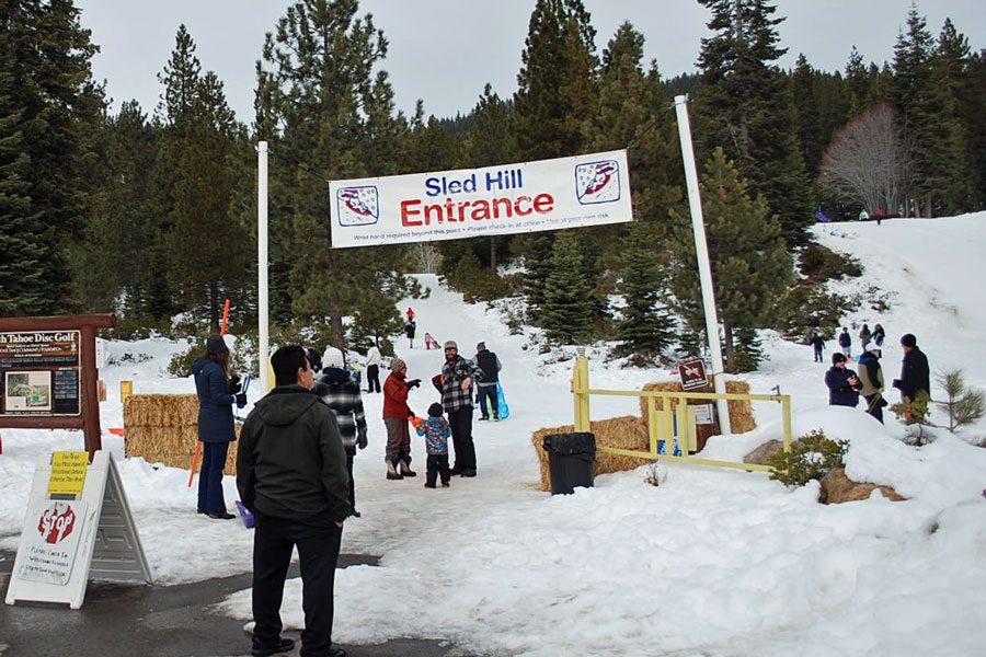 The sled entrance to North Tahoe Regional Park, one of the best places to go snow tubing in Lake Tahoe with kids.