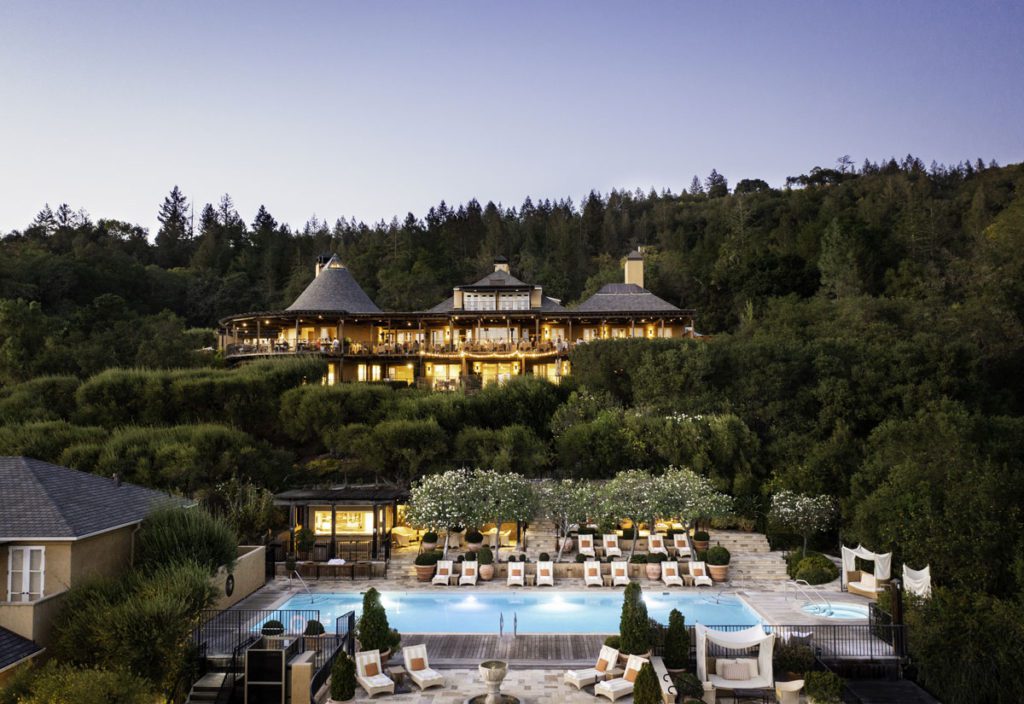 An aerial view of the outdoor pool at Auberge Napa Valley.