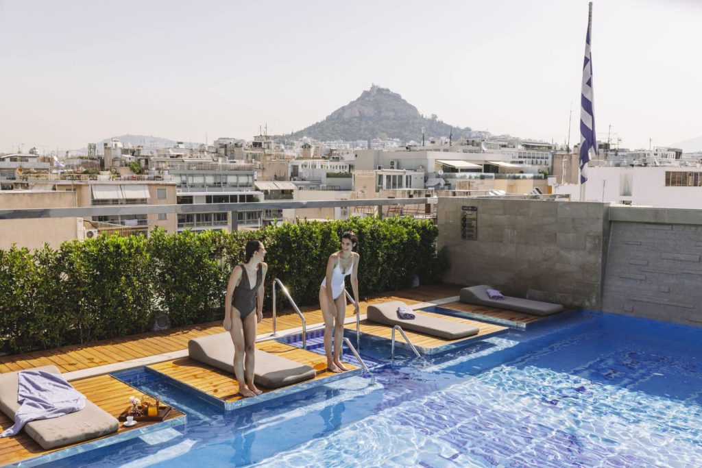 The outdoor pool at the Electra Metropolis Athens. 