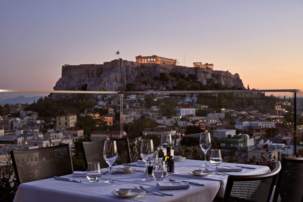 A view from the rooftop at Electra Metropolis, one of the best hotels in Athens for families. 