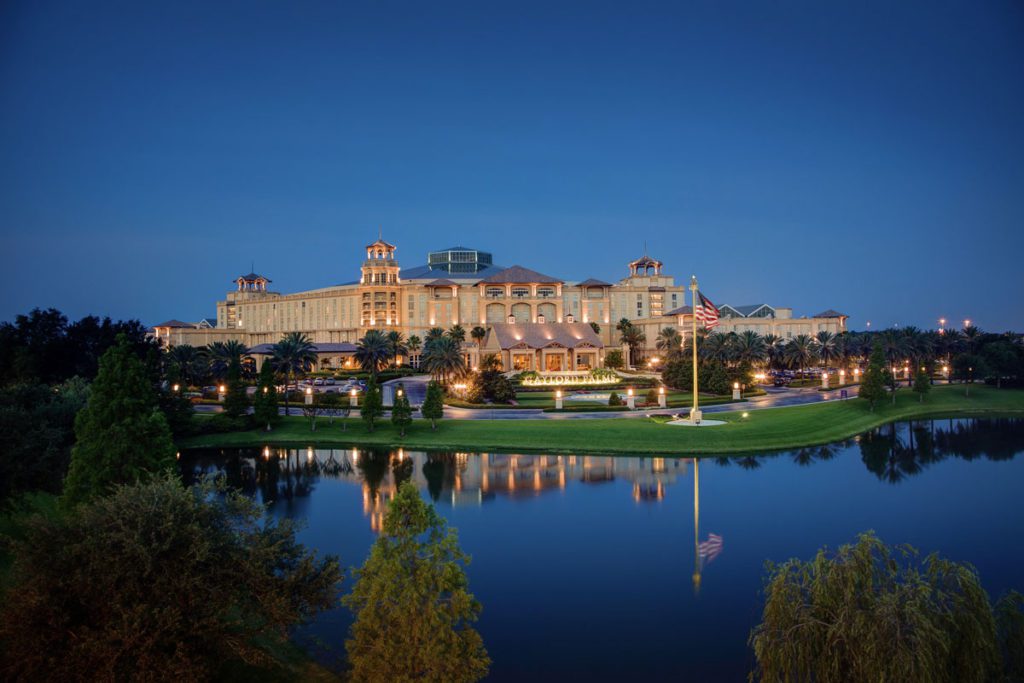 A nighttime view of the Gaylord Palms Resort and Convention Center.