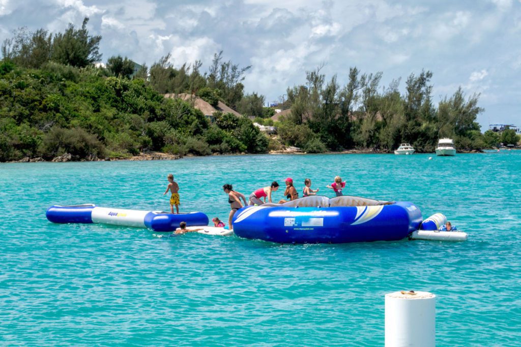 The inflatable water park at the Grotto Bay Beach Resort and Spa