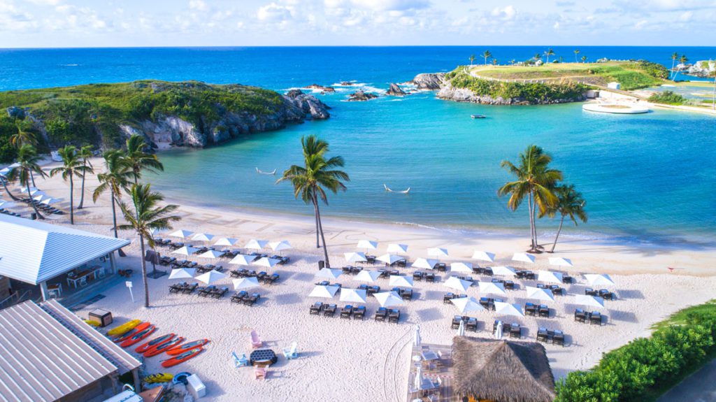 An aerial view of the beach at Hamilton Princess Beach Club in Bermuda.