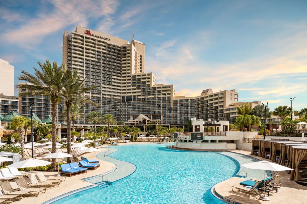 The outdoor pool at the Orlando World Center Marriott, one of the best Marriott hotels in Florida for families.