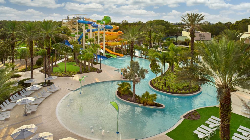 The outdoor pool and lazy river at the Orlando World Center Marriott.