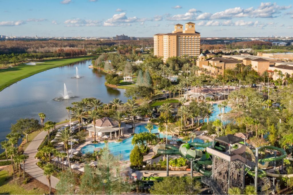 An aerial view of The Ritz-Carlton, Orlando Grande Lakes, one of the best Marriott hotels in Florida for families.