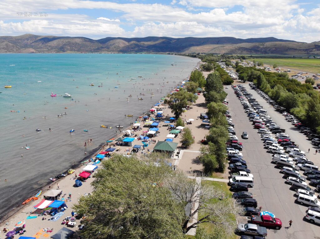 An aerial view of the beach at Bear Lake State Park in Utah, one of the best weekend getaways from Salt Lake City for families. 