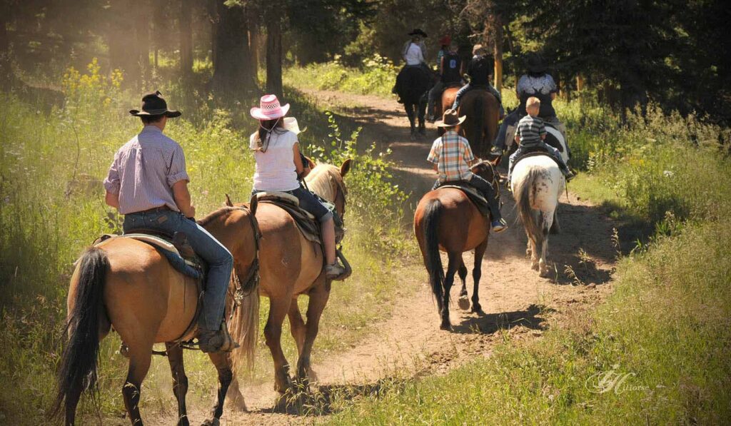 A group going horseback riding in Diamond P Ranch in Montana. 