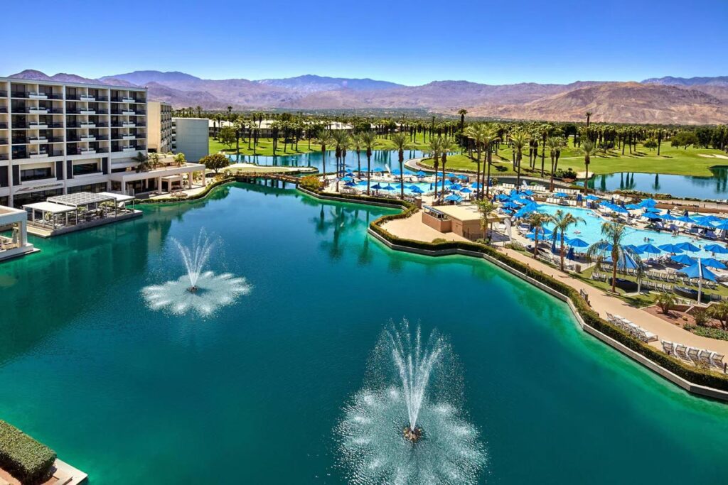 An aerial view of the lake at JW Marriott Desert Springs Resort and Spa.