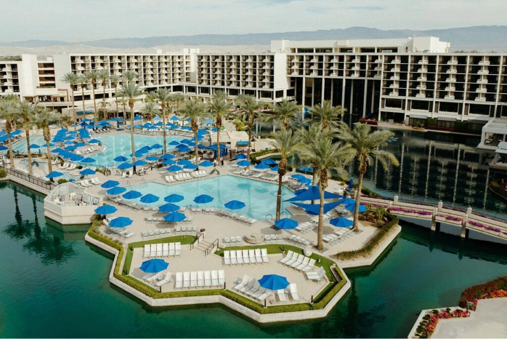 An aerial view of the pool area at the JW Marriott Desert Springs Resort & Spa, one of the best Marriott hotels in California for families.