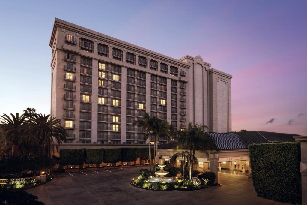 An exterior nighttime view of the Ritz-Carlton, Marina del Rey.