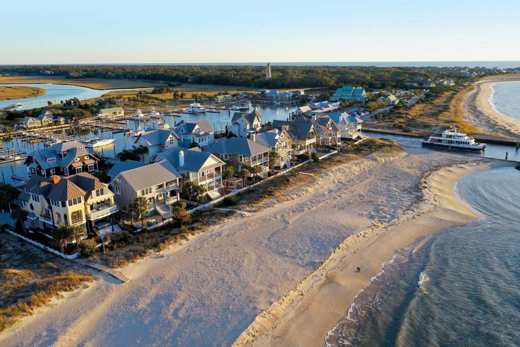 An aerial view of Bald Head Island, one of the best beaches in North Carolina for families with kids.