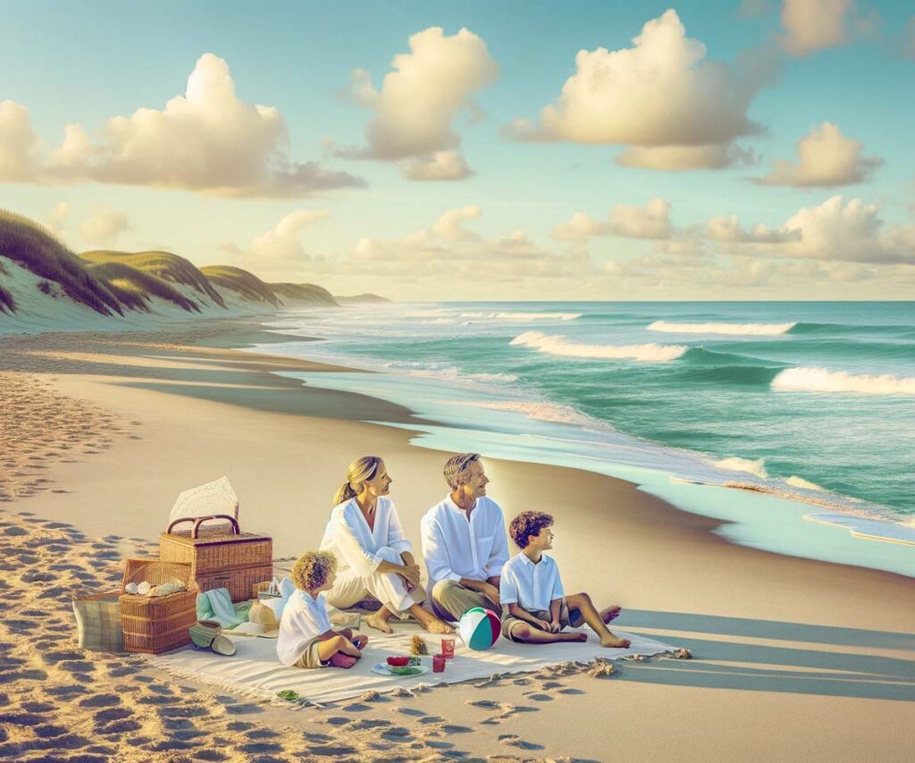 A family sitting on the beach in North Carolina.