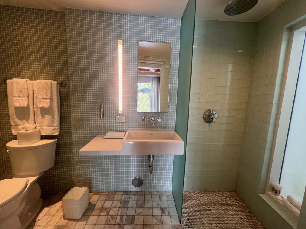 Modern bathroom inside a SOAK cabana at Loews Miami Beach, featuring a walk-in shower and elegant fixtures.