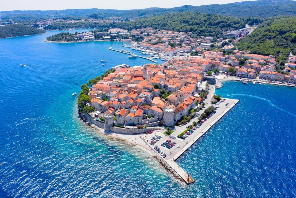 Aerial view of Korčula during a catamaran charter in Croatia