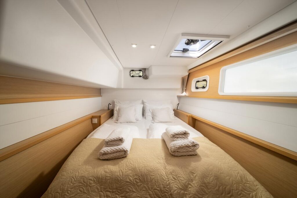 Cozy cabin interior with bed and soft lighting