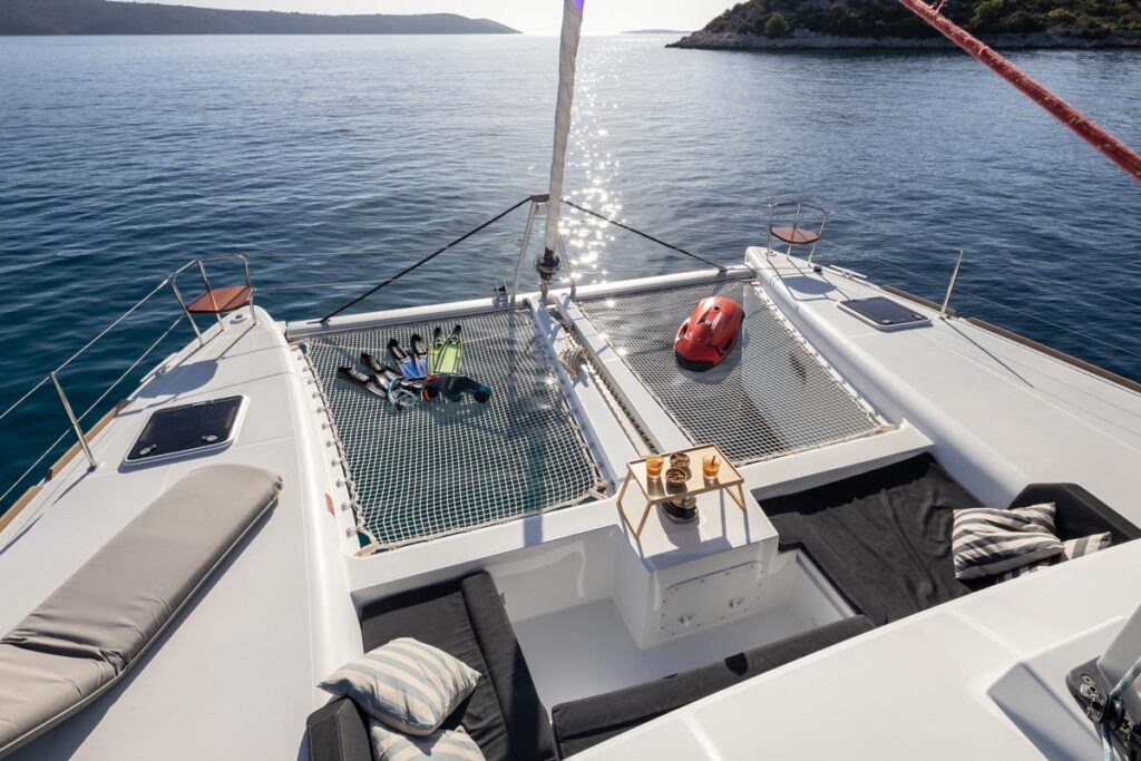 Catamaran moored in a secluded Croatian bay